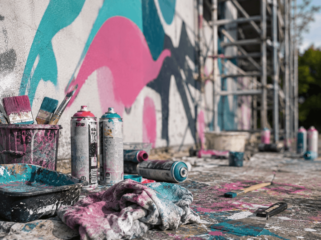 Außenfassade mit Gerüst und Farben, Pinseln, Spraydosen.
